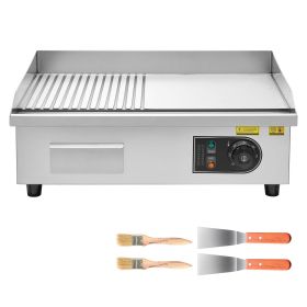 Commercial Electric Griddle, 21.06 x 11.81 inch, 1750W, 122-570 Fahrenheit Adjustable Temp Control, Stainless Steel Body, Half Grooved Half Flat